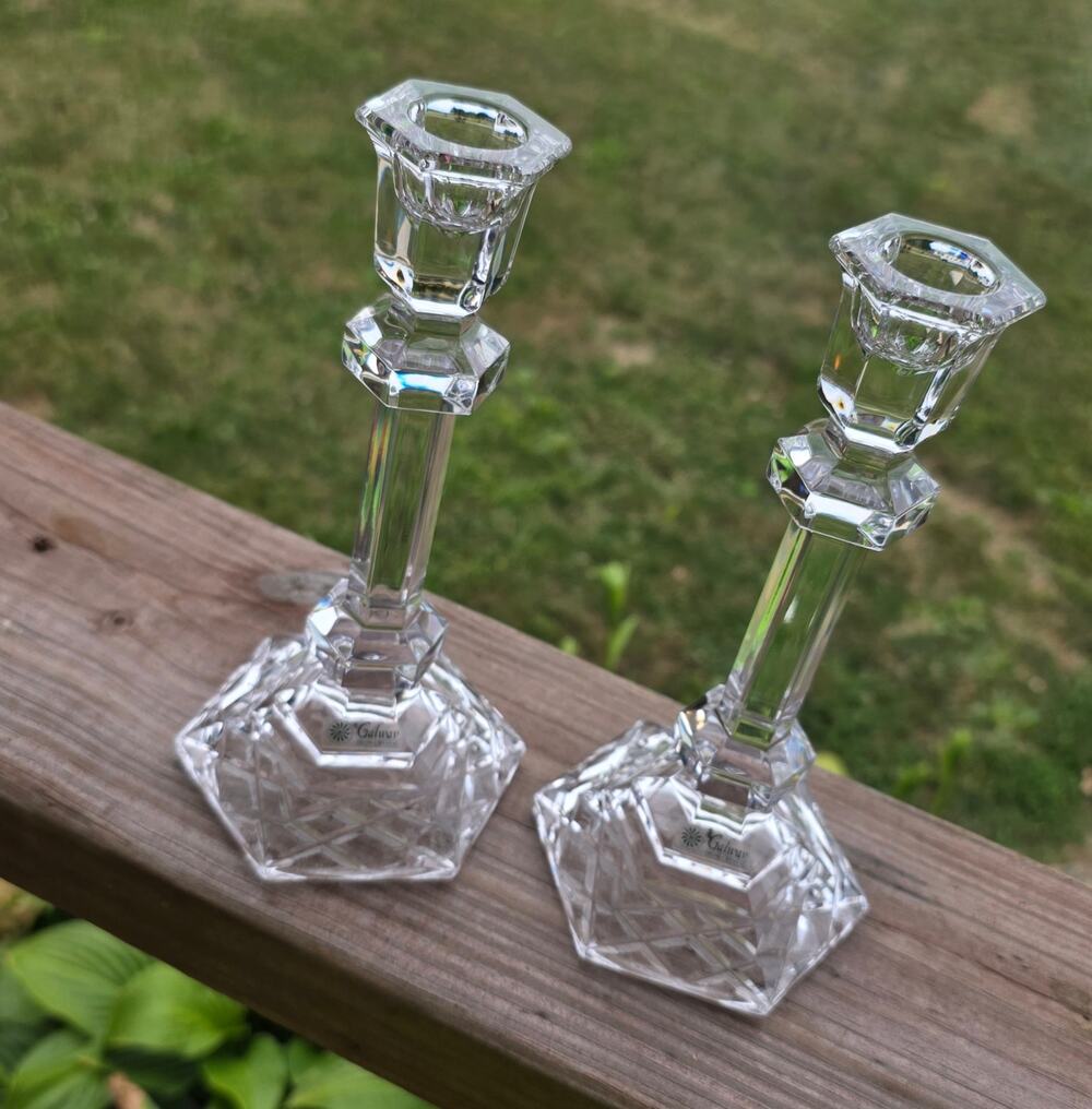 Pair Galway Irish Crystal Candlesticks 7.5" Tall Hexagon Cut
